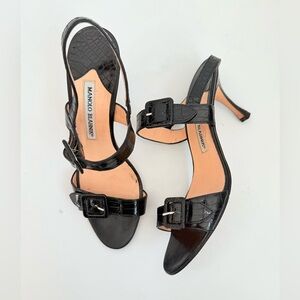 Manolo Blahnik Black Croc Leather embossed Double strap high heel sandals EU 38